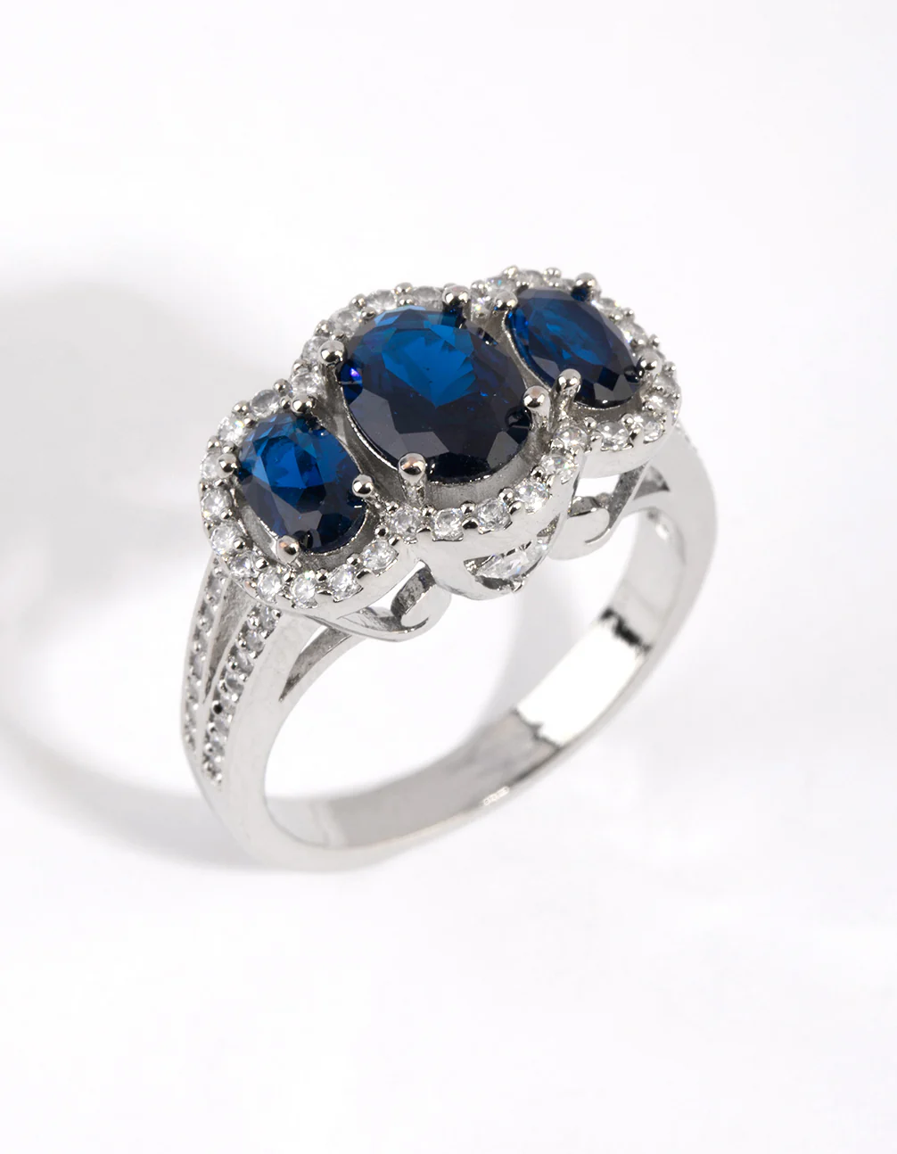 Silver Sapphire Cubic Zirconia Triple Stone Ring - Image 3