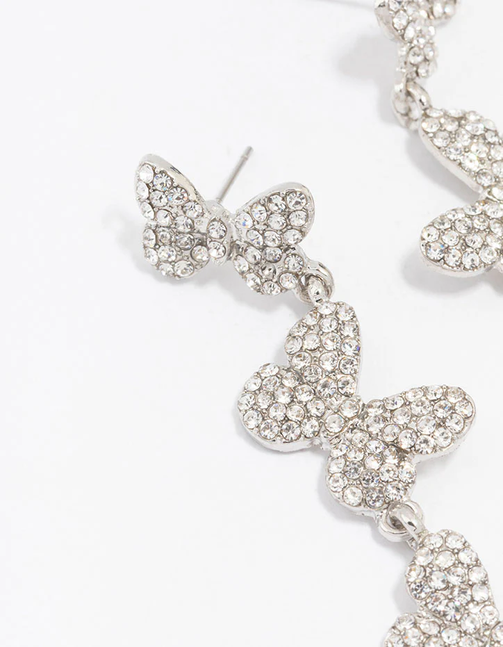 Silver Triple Butterfly Diamante Drop Earrings - Image 2