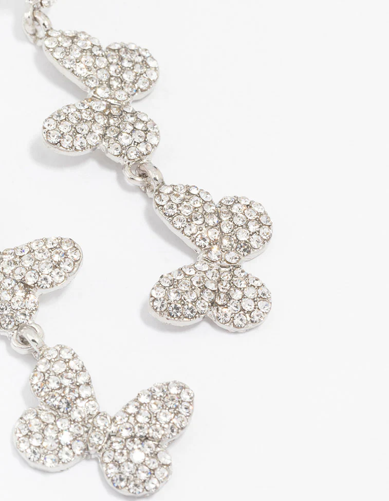 Silver Triple Butterfly Diamante Drop Earrings - Image 3