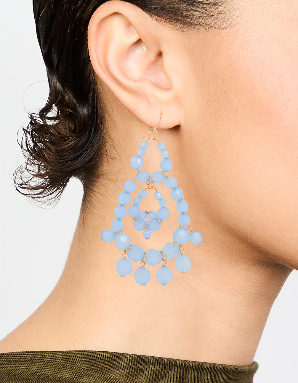 Rose Gold Blue Beaded Drop Earrings - Image 2