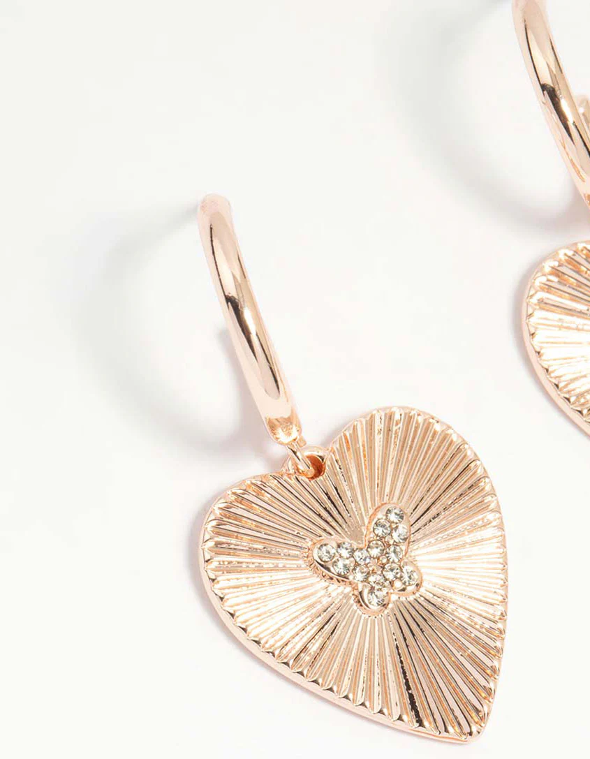 Rose Gold Butterfly & Heart Hoop Earrings - Image 4