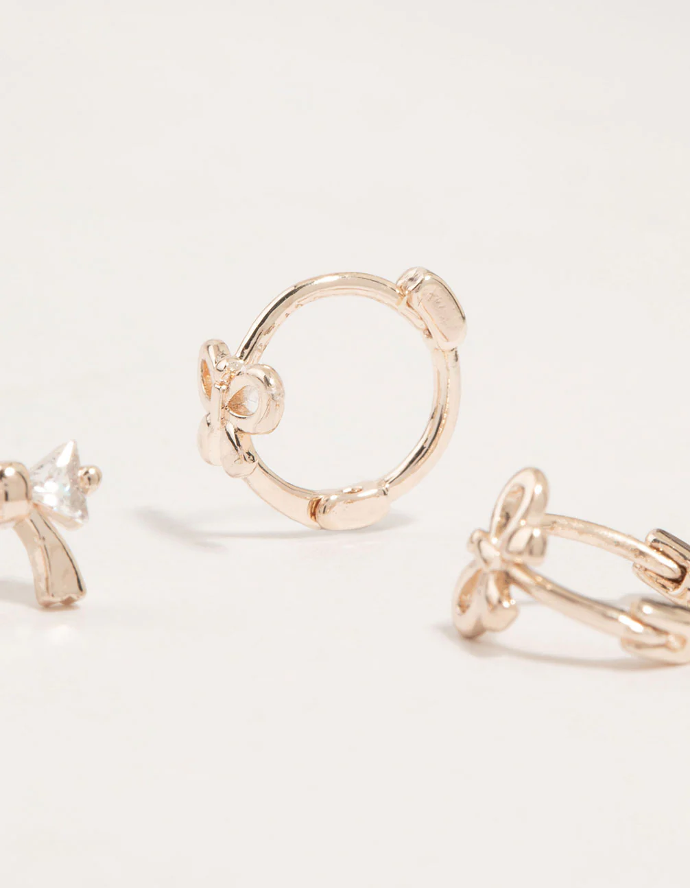 Rose Gold Cubic Zirconia Bow Stud & Hoop 3-Pack Earrings - Image 3