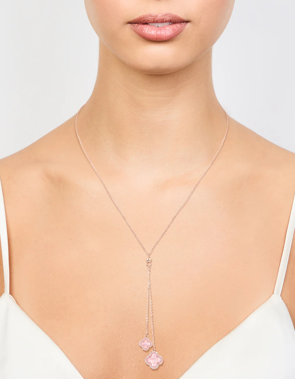 Rose Gold Cubic Zirconia Pink Flower Y-Necklace - Image 2