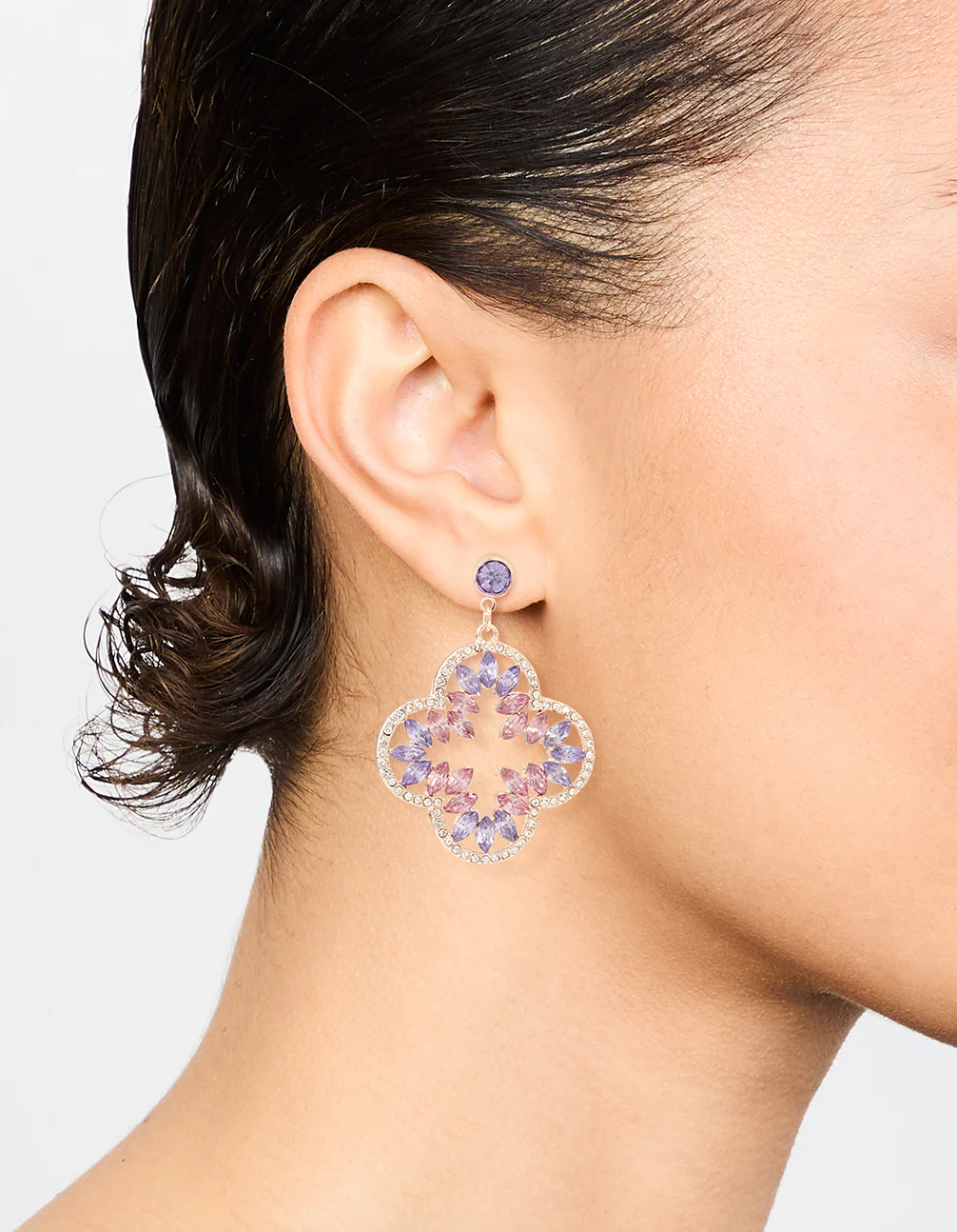 Rose Gold Diamante Flower Drop Earrings - Image 2