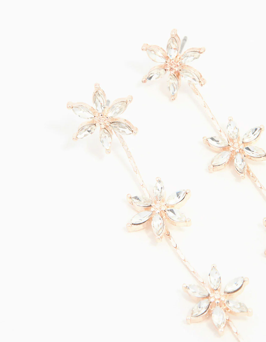 Rose Gold Diamante Flower Trail Drop Earrings - Image 2