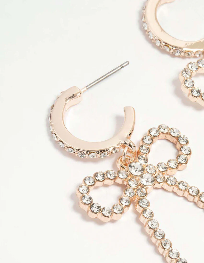 Rose Gold Diamante Pave Bow Hoop Earrings - Image 4
