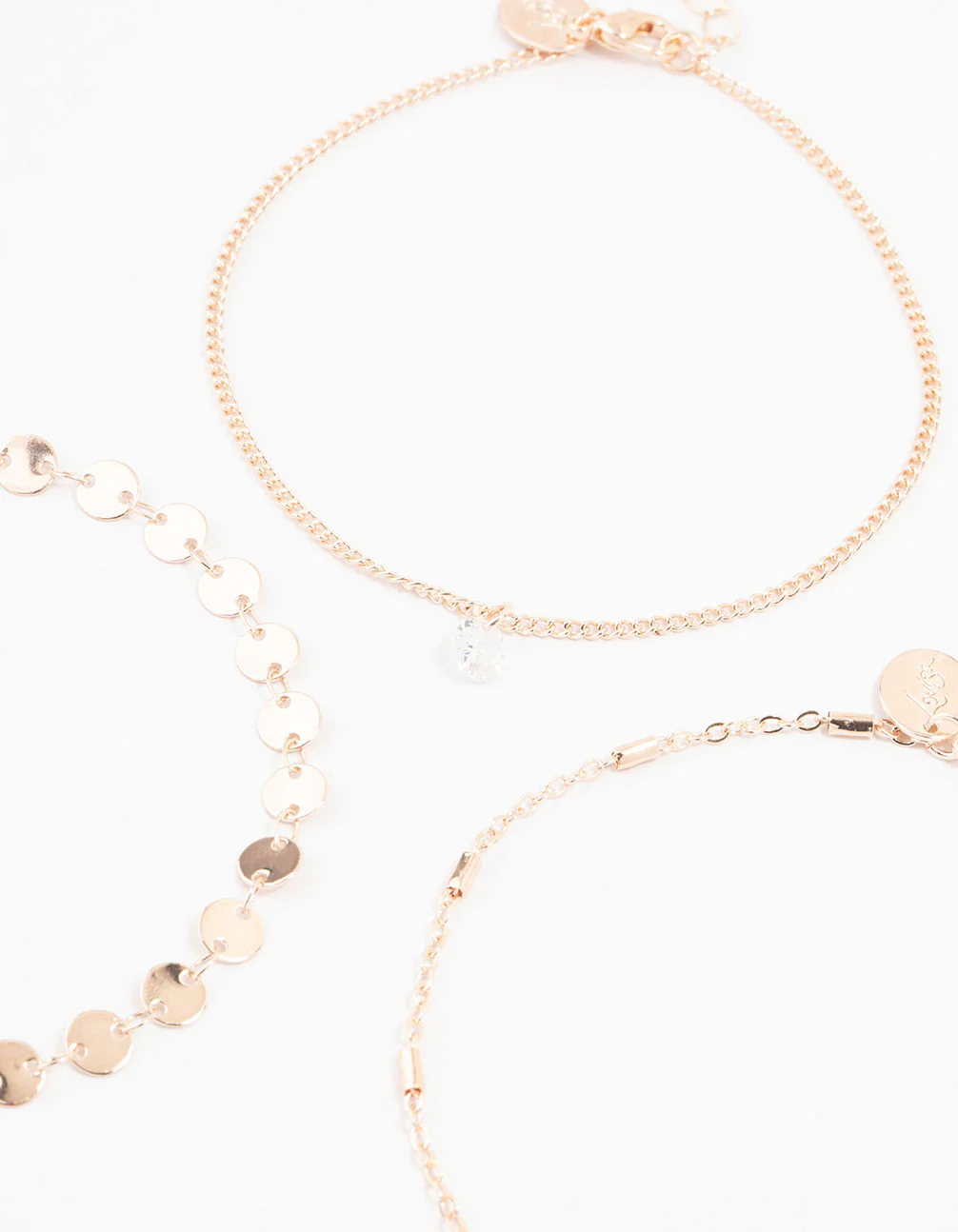 Rose Gold Disc Chain Diamante Anklets 3-Pack - Image 2