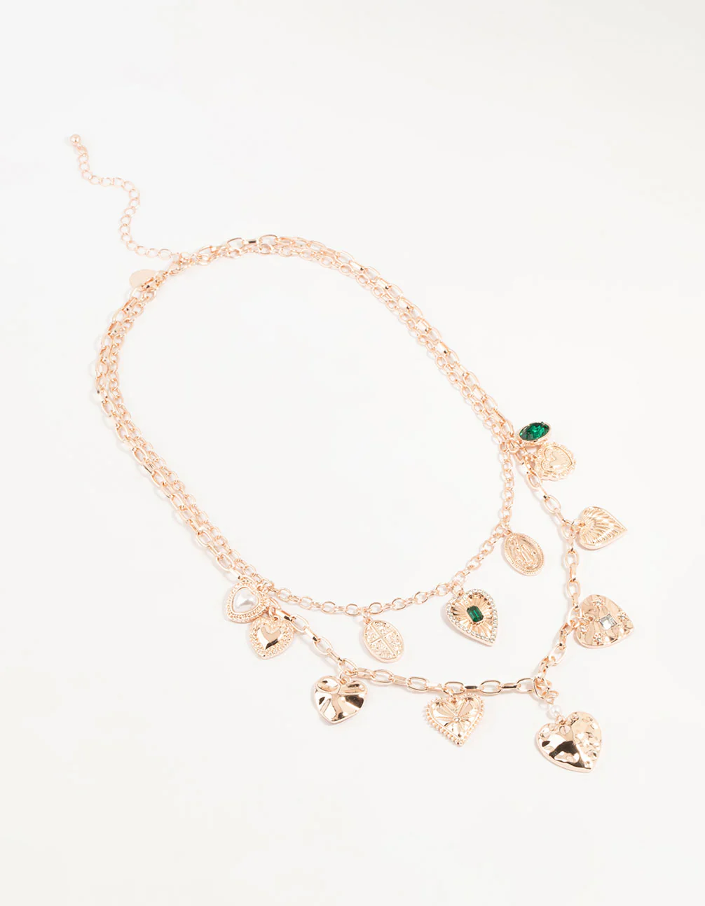 Rose Gold Heart & Green Diamante Charm Layered Necklace - Image 2
