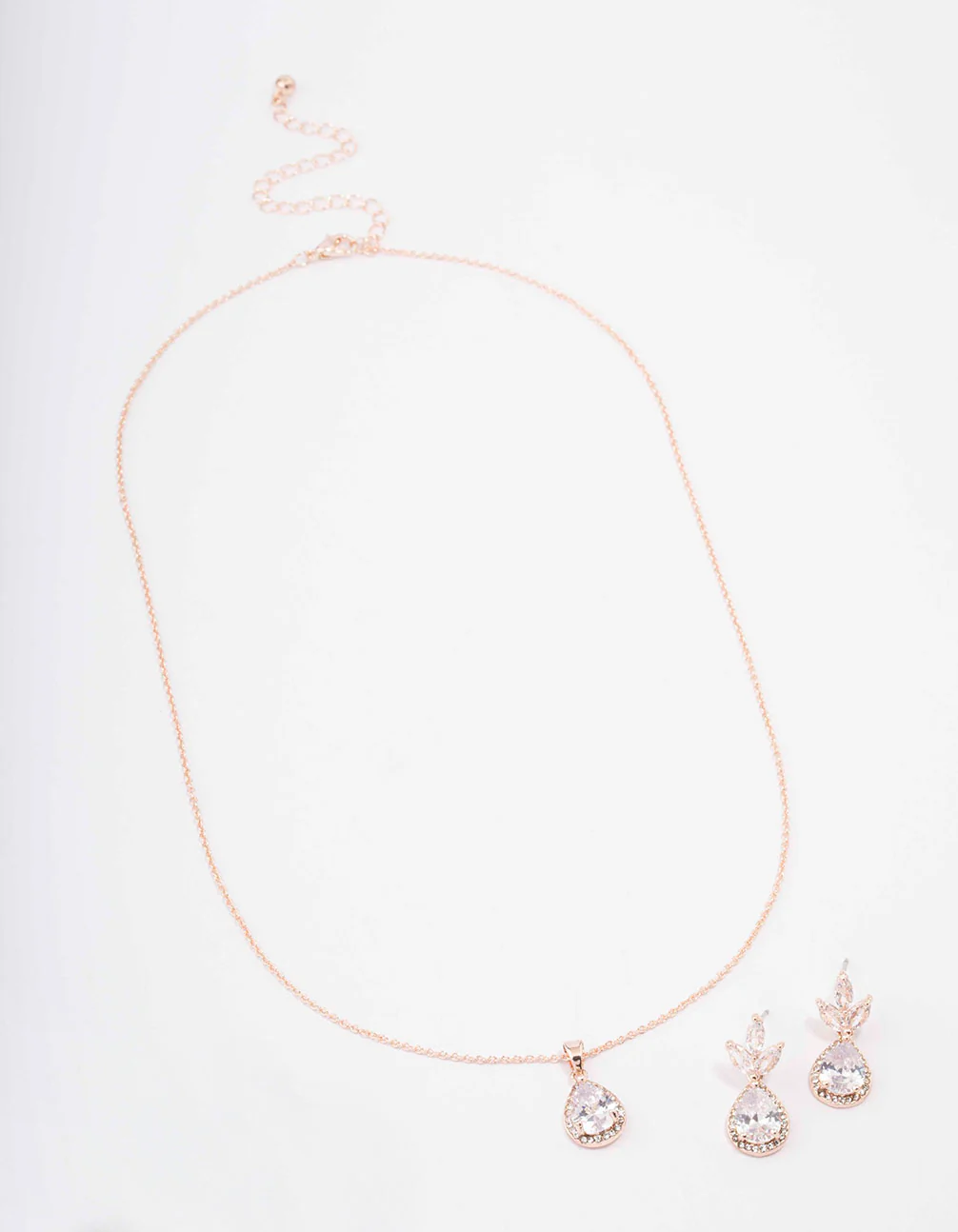Rose Gold Leaf Pear Halo Necklace & Drop Earring Set - Image 2