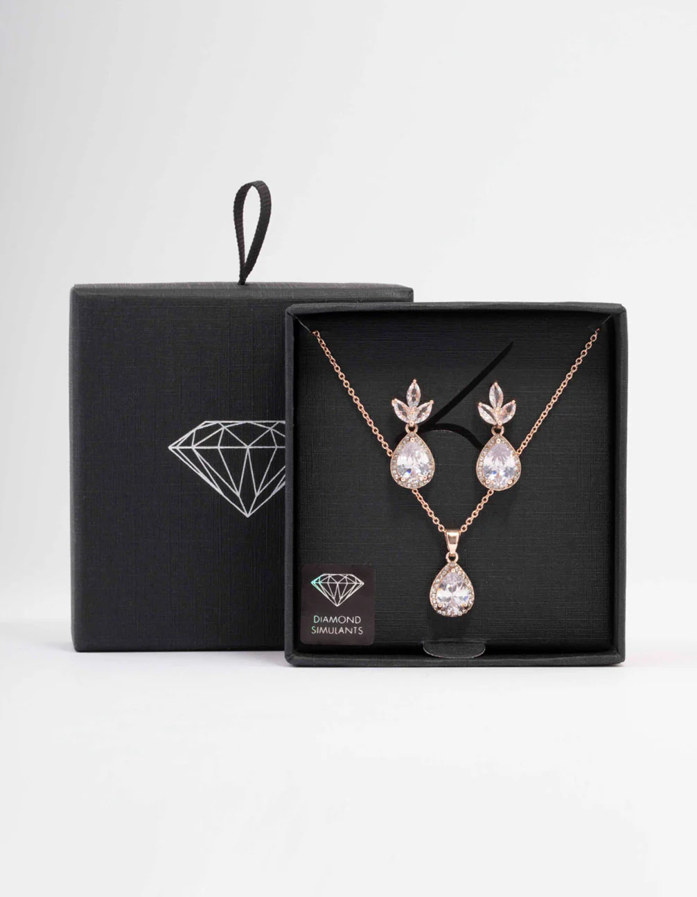 Rose Gold Leaf Pear Halo Necklace & Drop Earring Set - Image 3