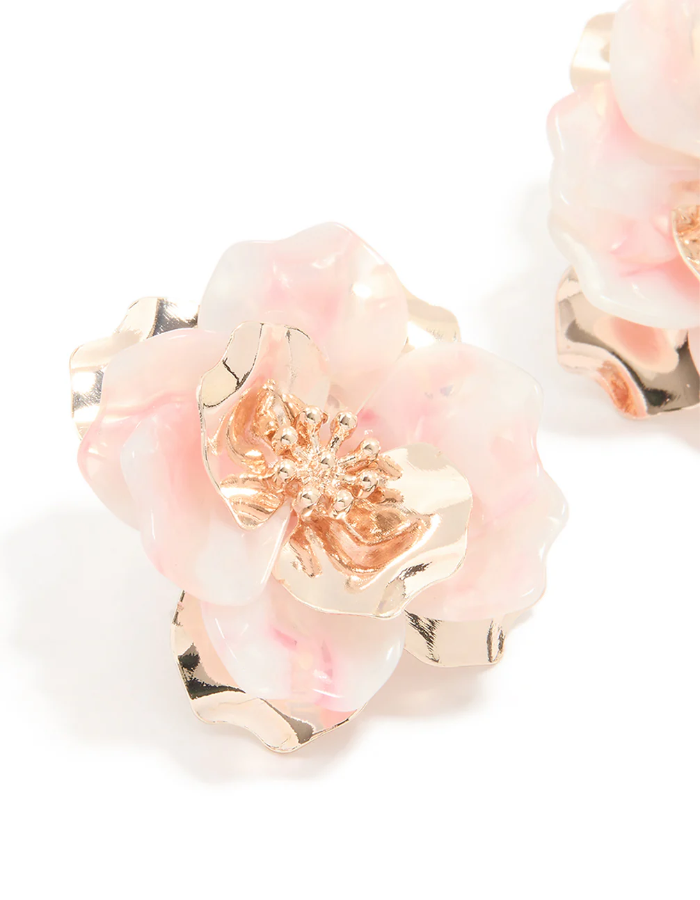 Rose Gold Marbled Pink Flower Large Stud Earrings - Image 2