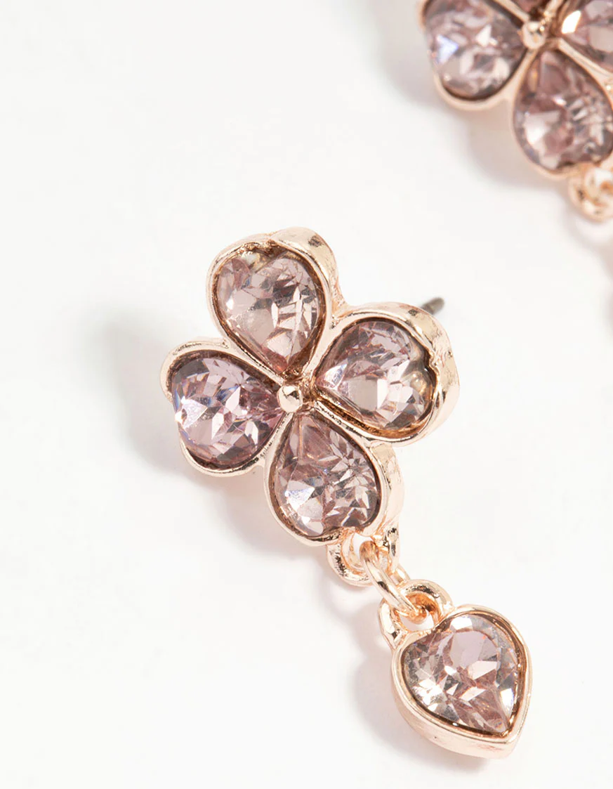 Rose Gold Pink Diamante Flower Drop Earrings - Image 2