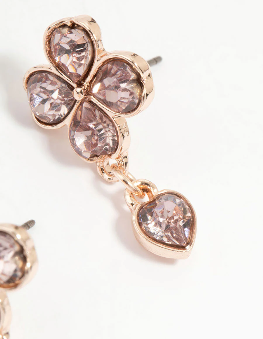 Rose Gold Pink Diamante Flower Drop Earrings - Image 3