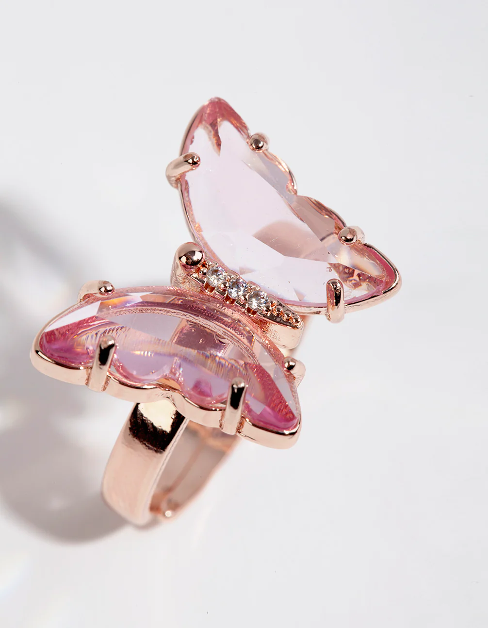Rose Gold Pink Glass Butterfly Ring - Image 3