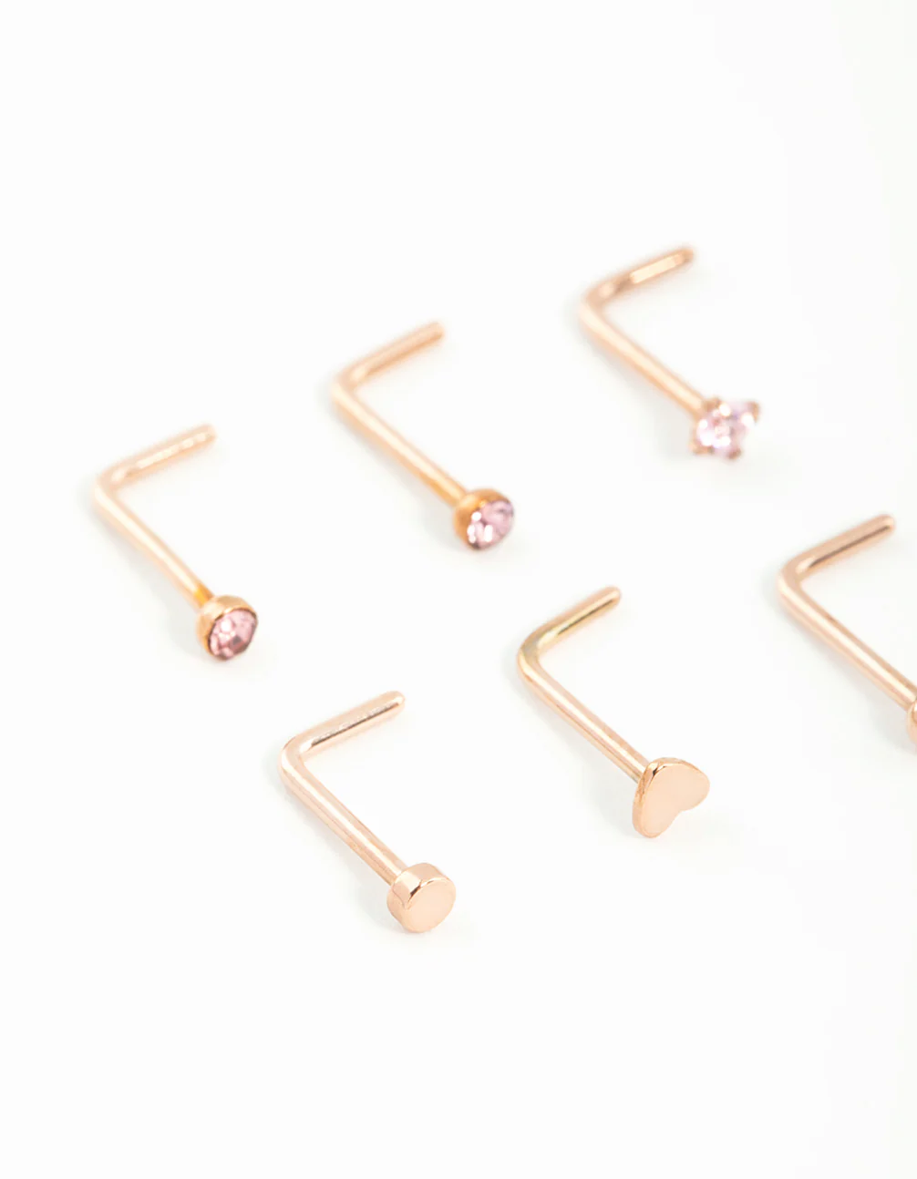 Rose Gold Plated Surgical Steel Heart & Diamante Nose Studs 6-Pack - Image 2