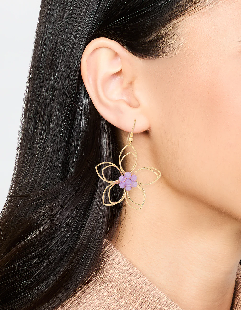 Rose Gold Purple Beaded 3D Flower Drop Earrings - Image 2