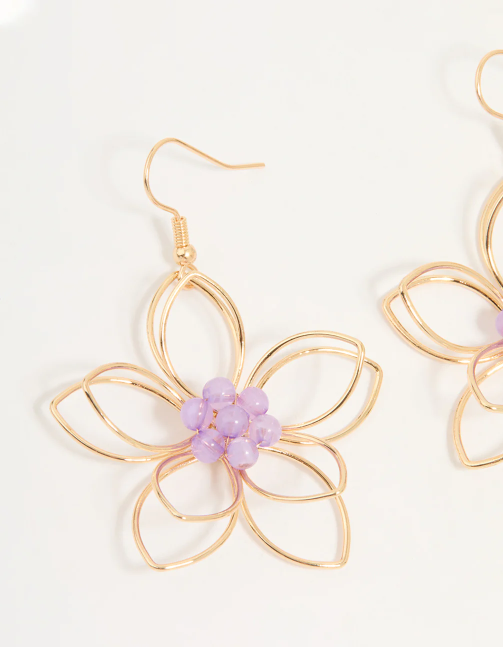 Rose Gold Purple Beaded 3D Flower Drop Earrings - Image 4