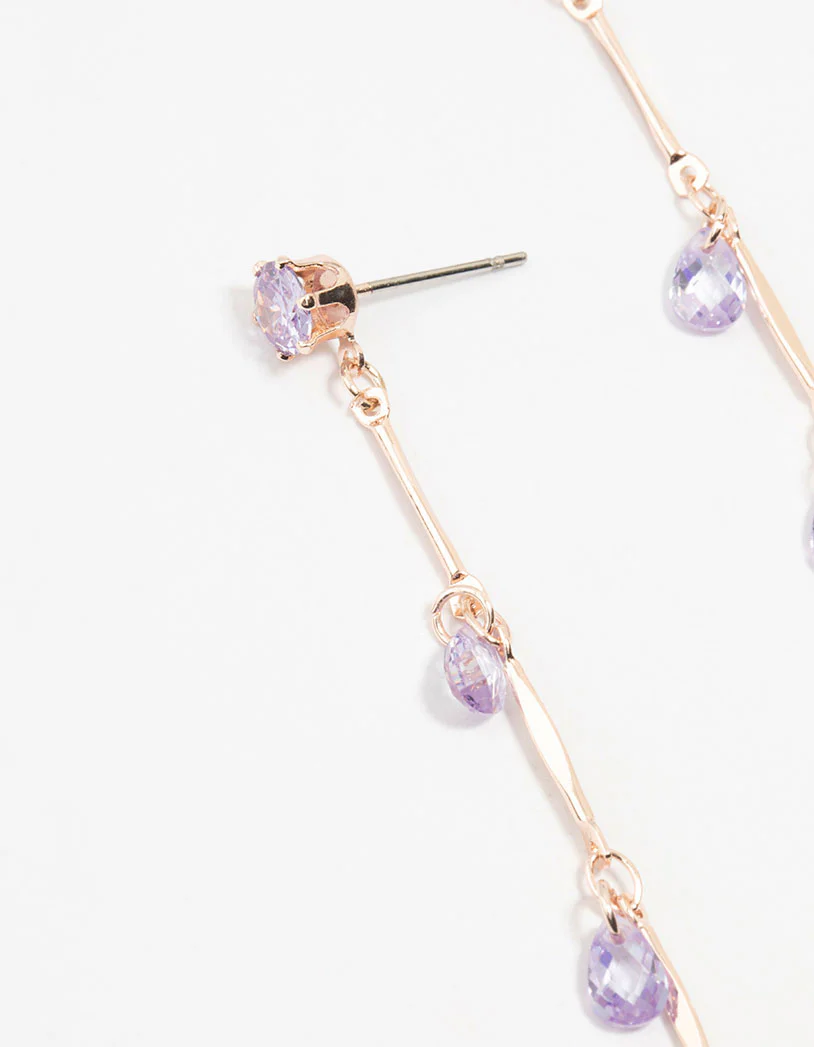 Rose Gold Purple Cubic Zirconia Droplet Drop Earrings - Image 2