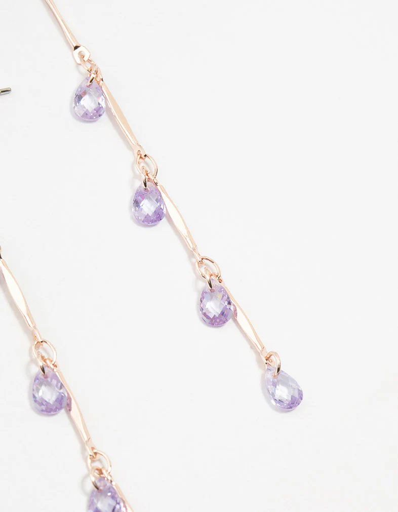 Rose Gold Purple Cubic Zirconia Droplet Drop Earrings - Image 3