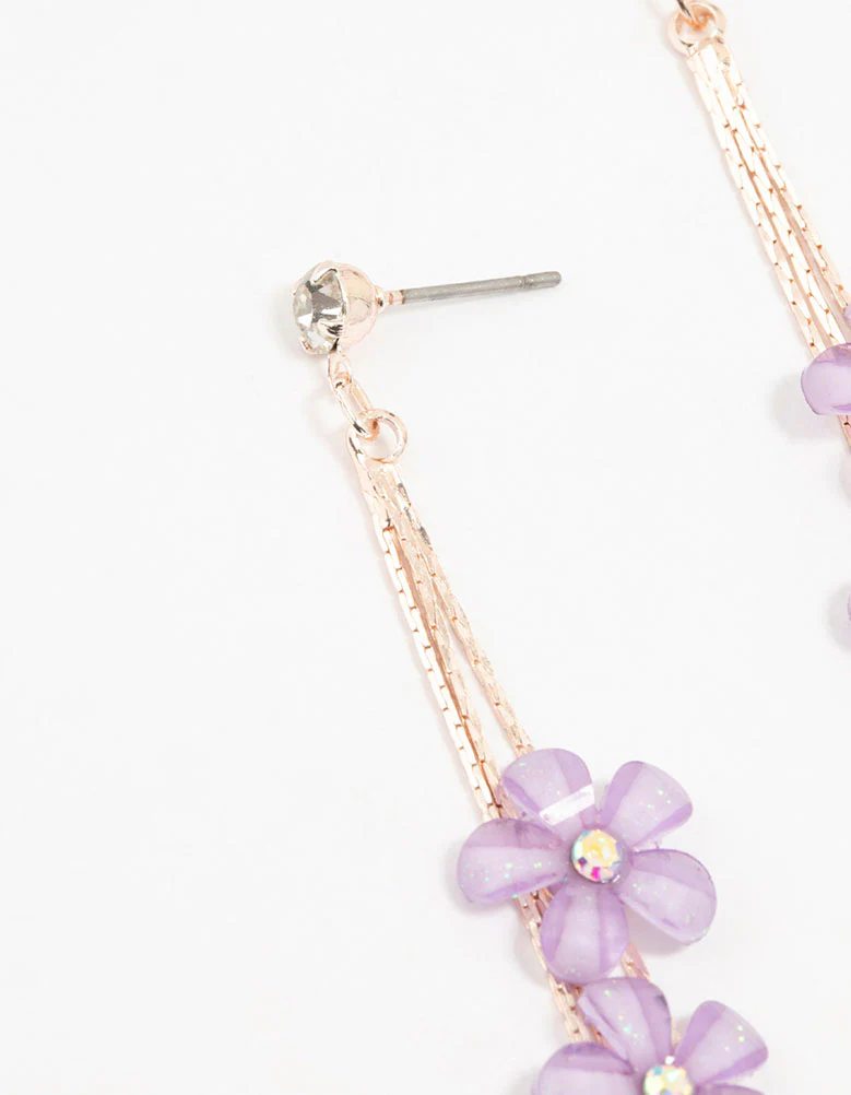 Rose Gold Purple Floating Flower Drop Earrings - Image 2