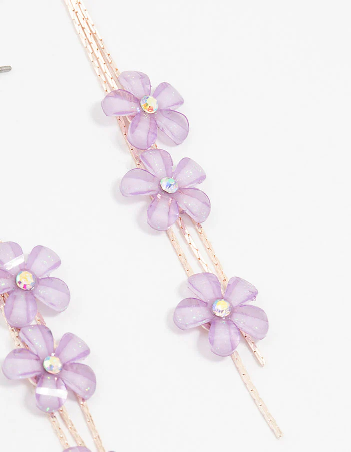 Rose Gold Purple Floating Flower Drop Earrings - Image 3