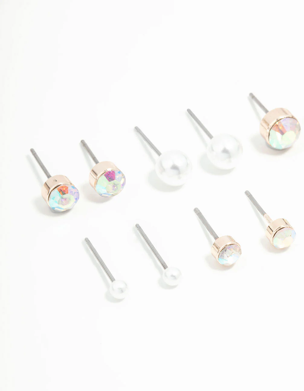 Rose Gold Round Pearl & Aurora Borealis Diamante Stud Earrings 8-Pack - Image 2