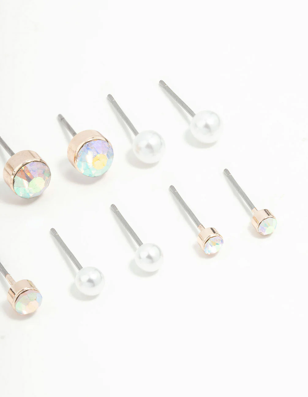 Rose Gold Round Pearl & Aurora Borealis Diamante Stud Earrings 8-Pack - Image 3