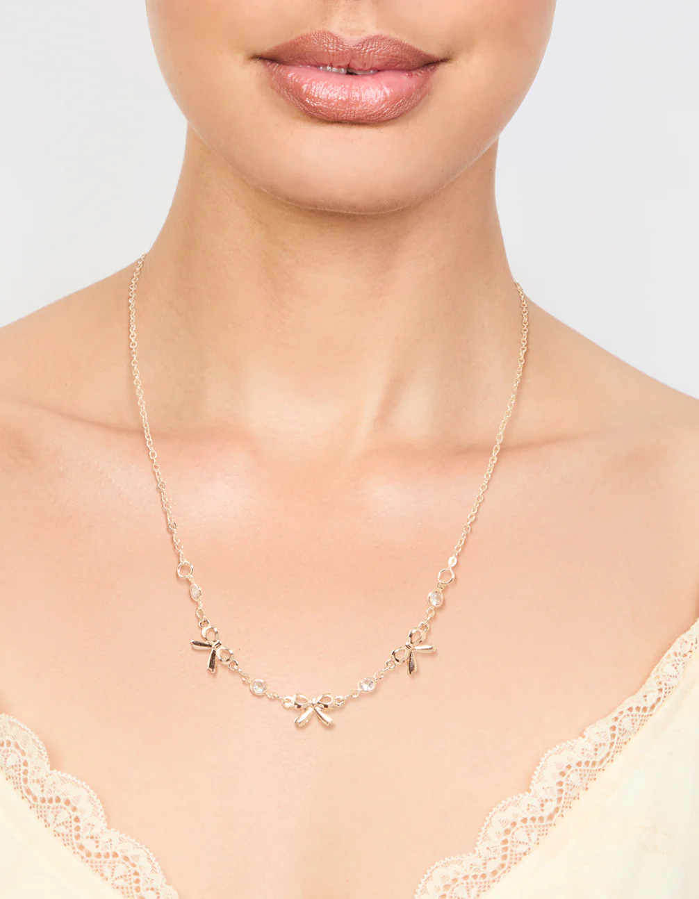 Rose Gold Station Diamante Bow Necklace - Image 2