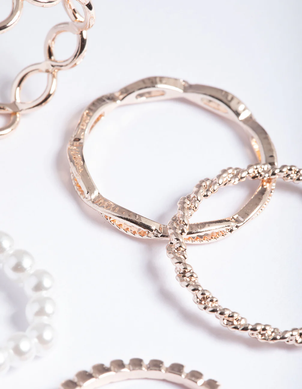 Rose Gold Pearl & Twist Ring 5-Pack - Image 2