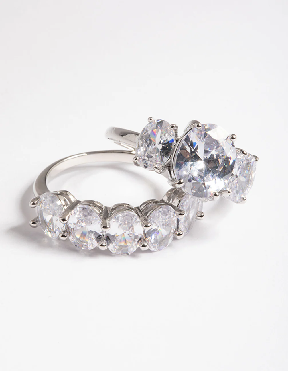 Silver Cubic Zirconia Statement Oval Ring 2-Pack - Image 2