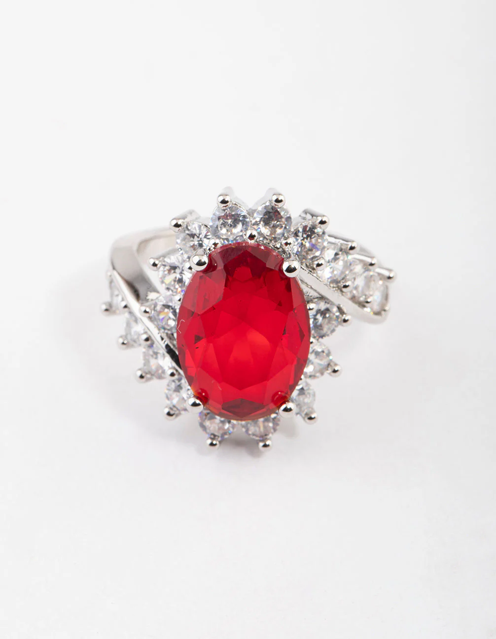 Rhodium Cubic Zirconia Vintage Red Oval Ring - Image 3