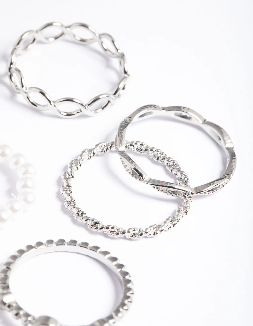 Silver Pearl & Twist Ring 5-Pack - Image 2
