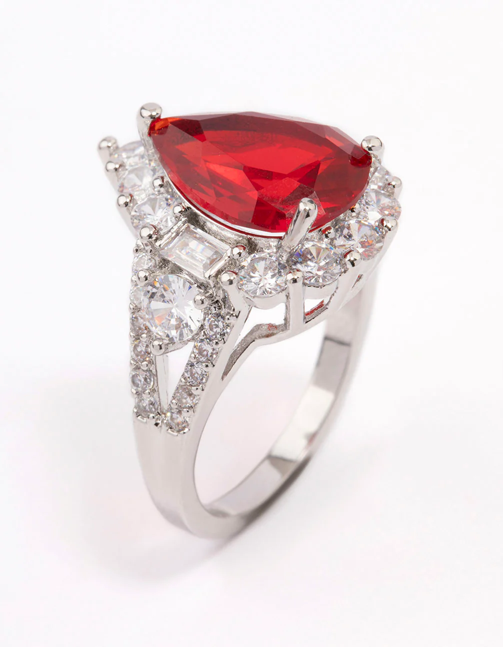 Silver Red Pear Cubic Zirconia Cocktail Ring - Image 2
