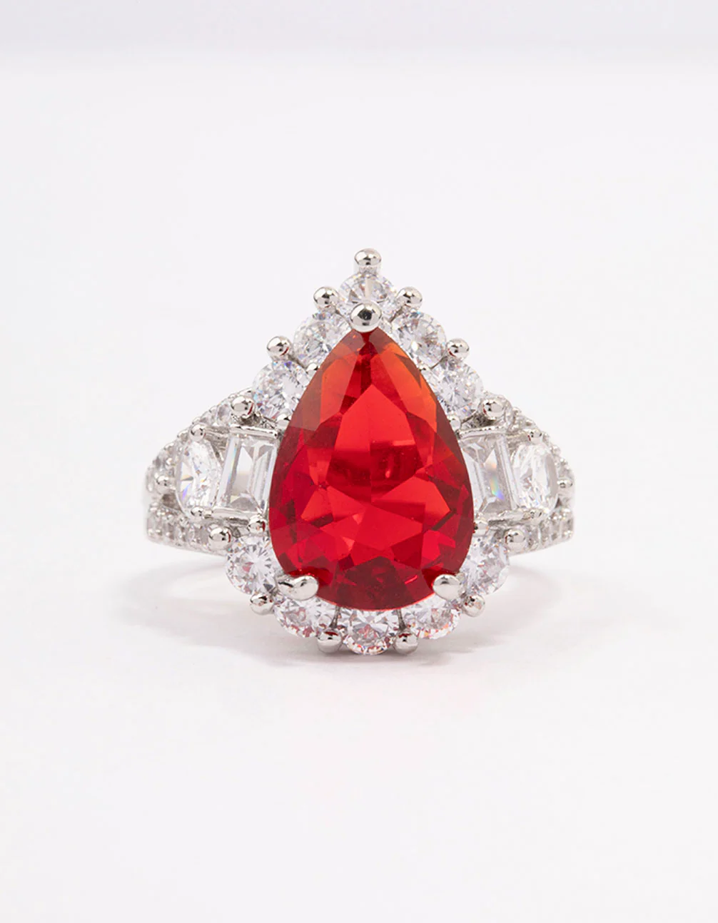 Silver Red Pear Cubic Zirconia Cocktail Ring - Image 3