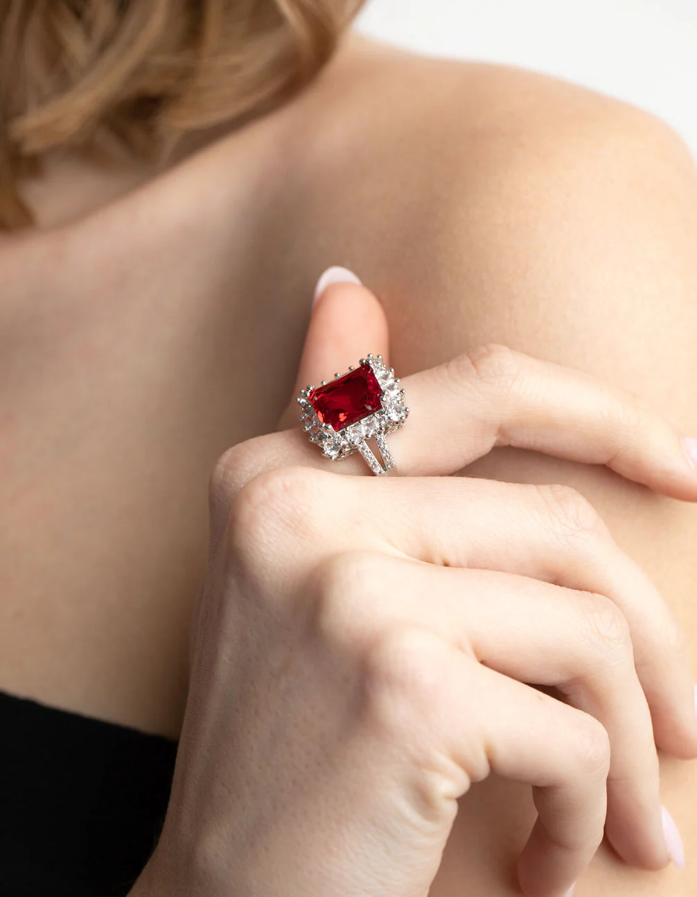 Rhodium Cubic Zirconia Red Asscher Ring - Image 2