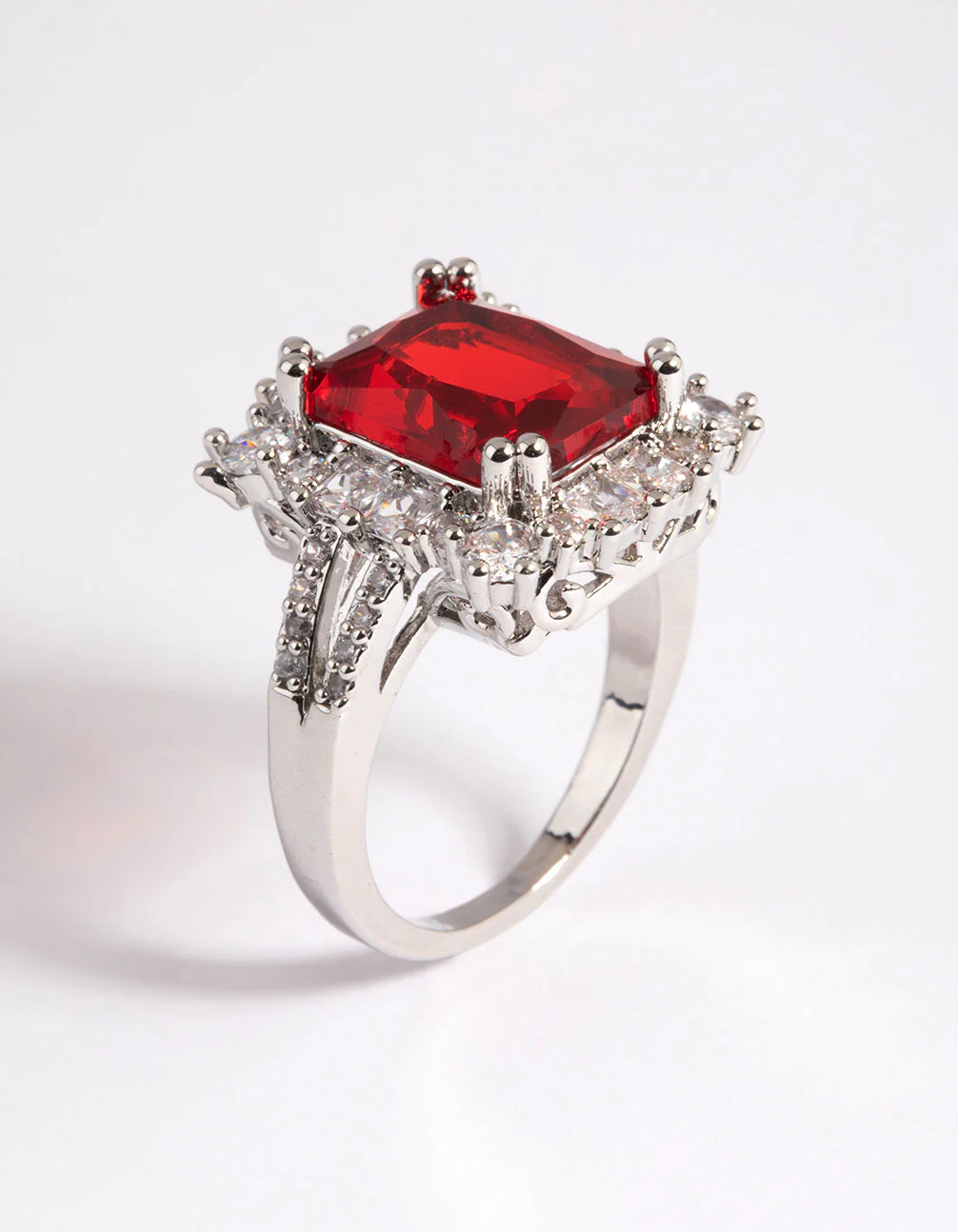 Rhodium Cubic Zirconia Red Asscher Ring - Image 4