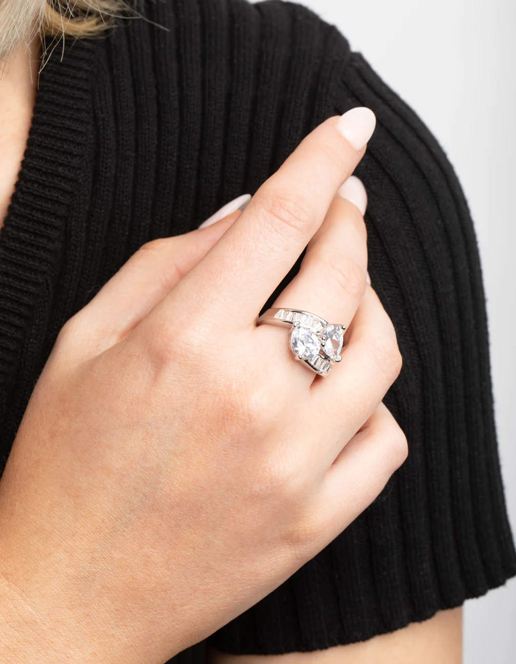 Rhodium Cubic Zirconia Pear Cross Over Ring - Image 2