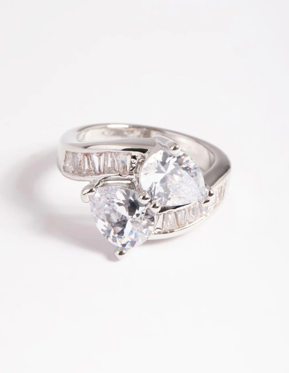 Rhodium Cubic Zirconia Pear Cross Over Ring - Image 3