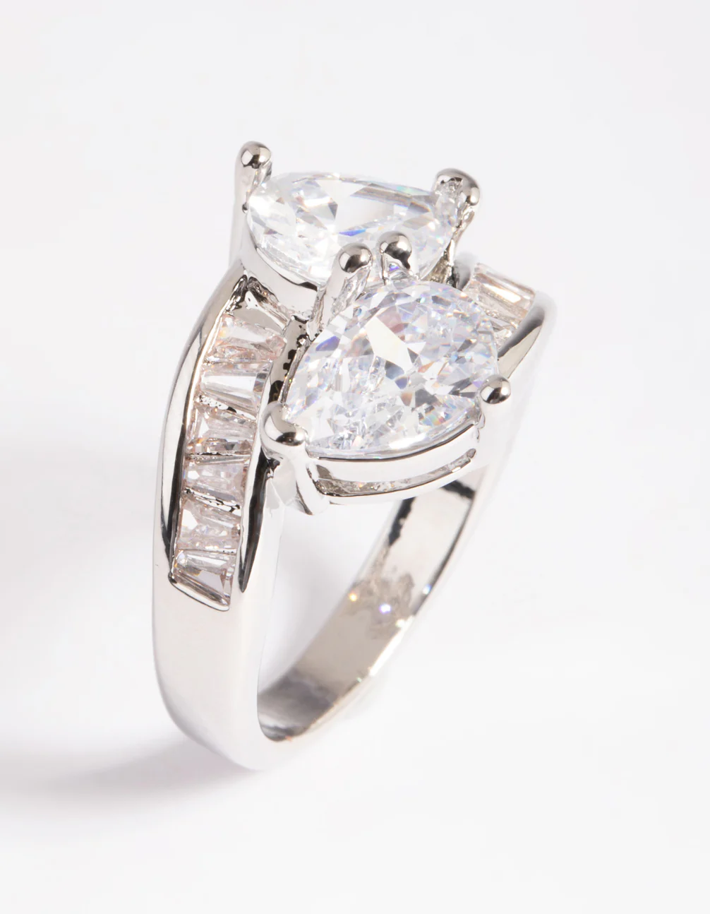 Rhodium Cubic Zirconia Pear Cross Over Ring - Image 4