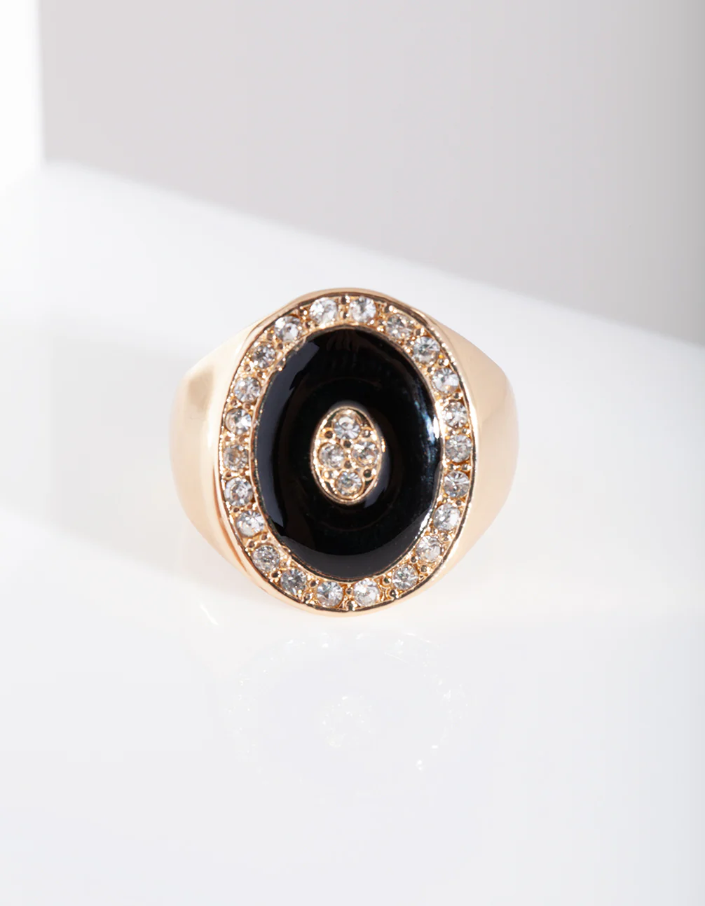 Black Enamel & Diamante Gold Ring - Image 3