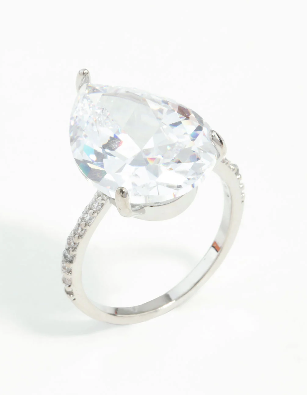 Silver Cubic Zirconia Large Pear Stone Ring - Image 2
