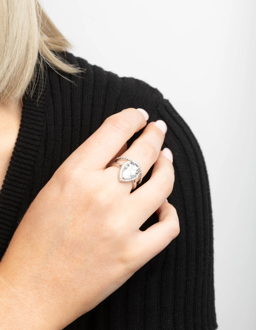 Silver Cubic Zirconia Pear Halo Ring Stack Pack - Image 2