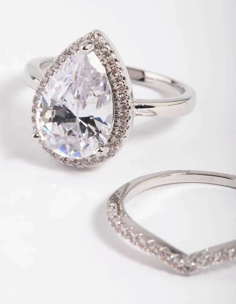 Silver Cubic Zirconia Pear Halo Ring Stack Pack - Image 4