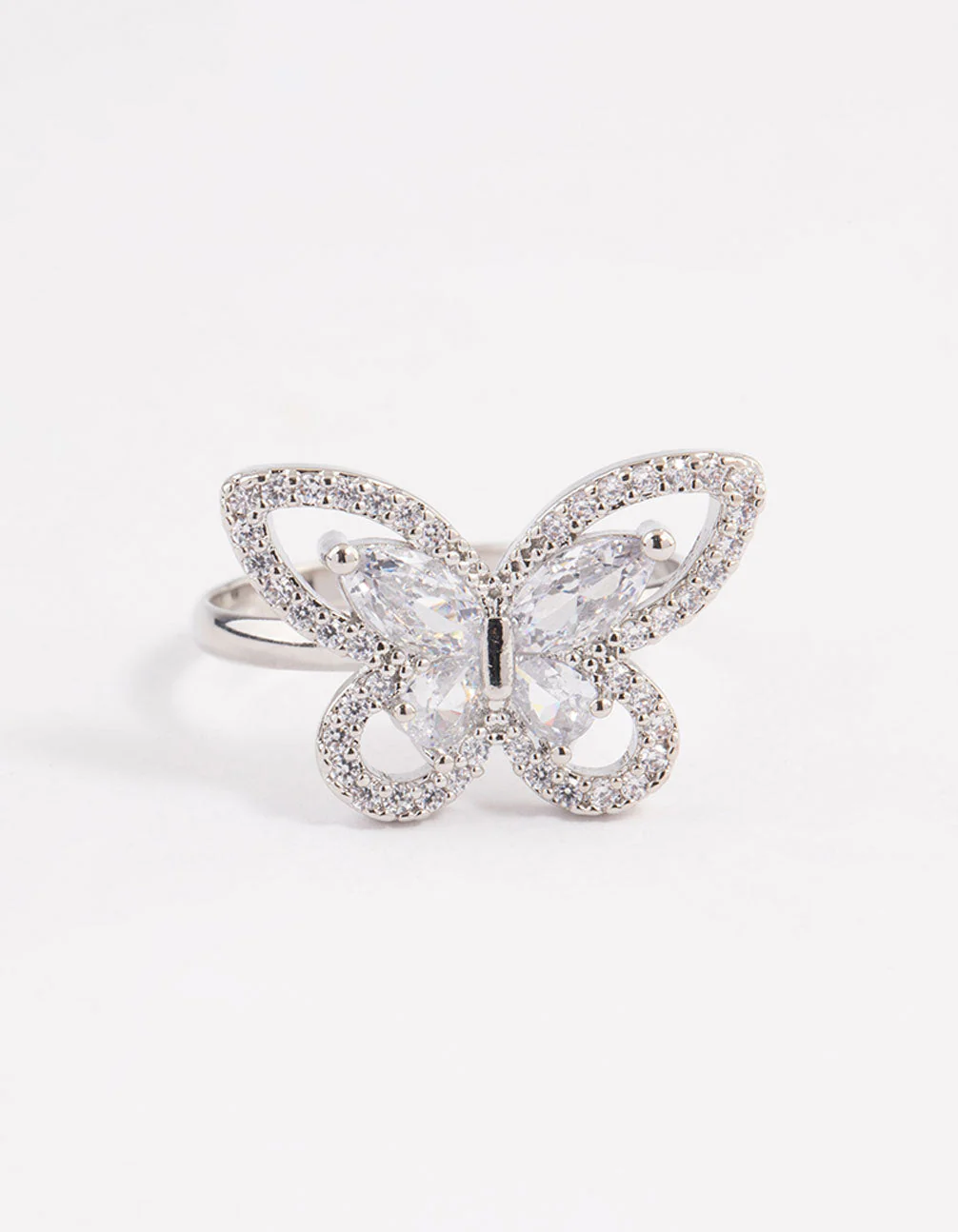 Rhodium Sparkling Butterfly Cocktail Ring - Image 3