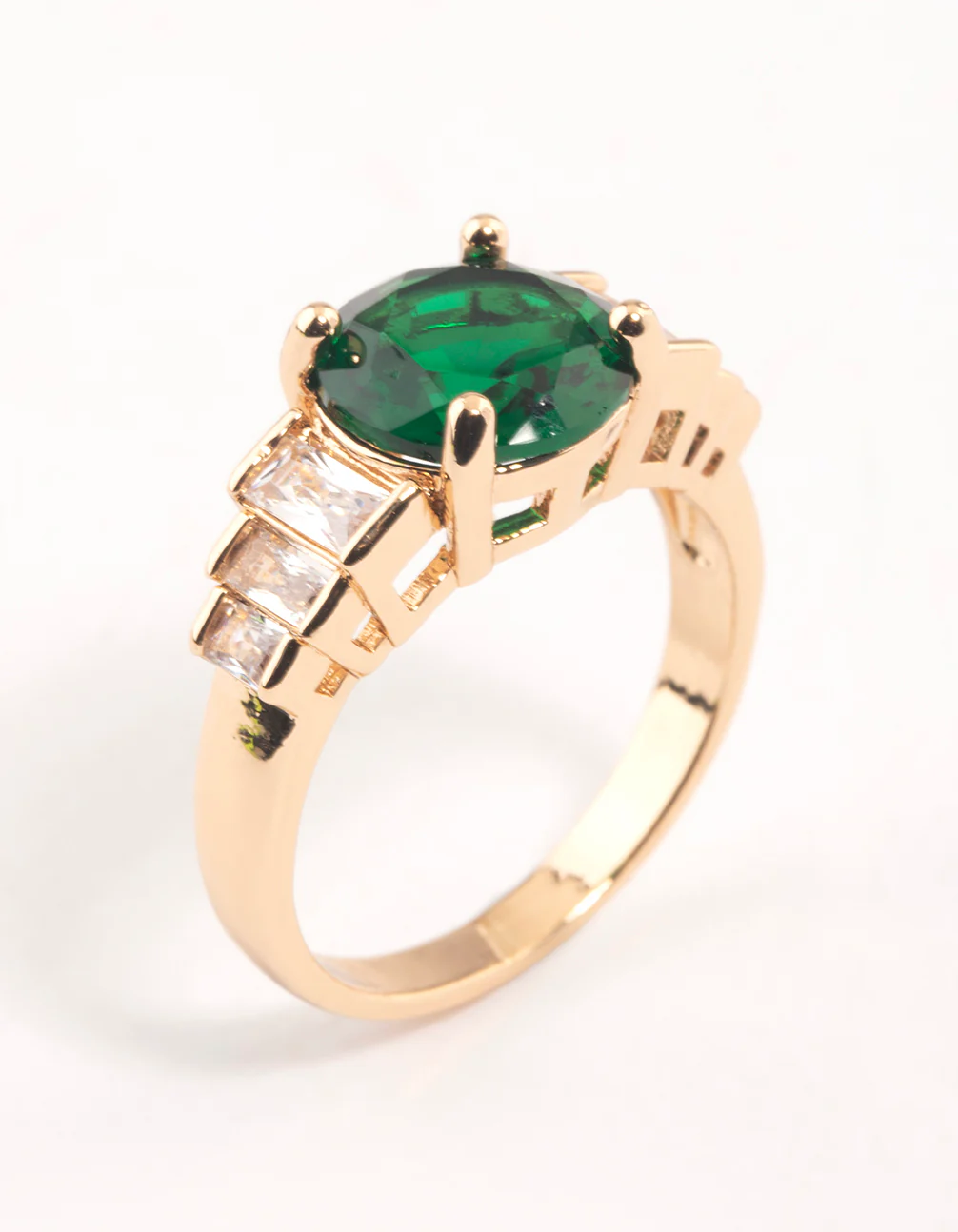 Gold & Emerald Green Round Baguette Ring - Image 2