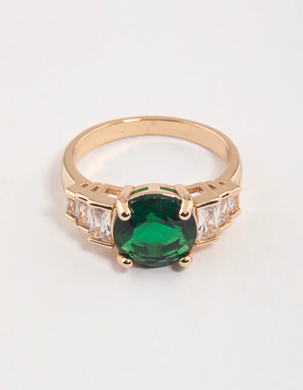 Gold & Emerald Green Round Baguette Ring - Image 3