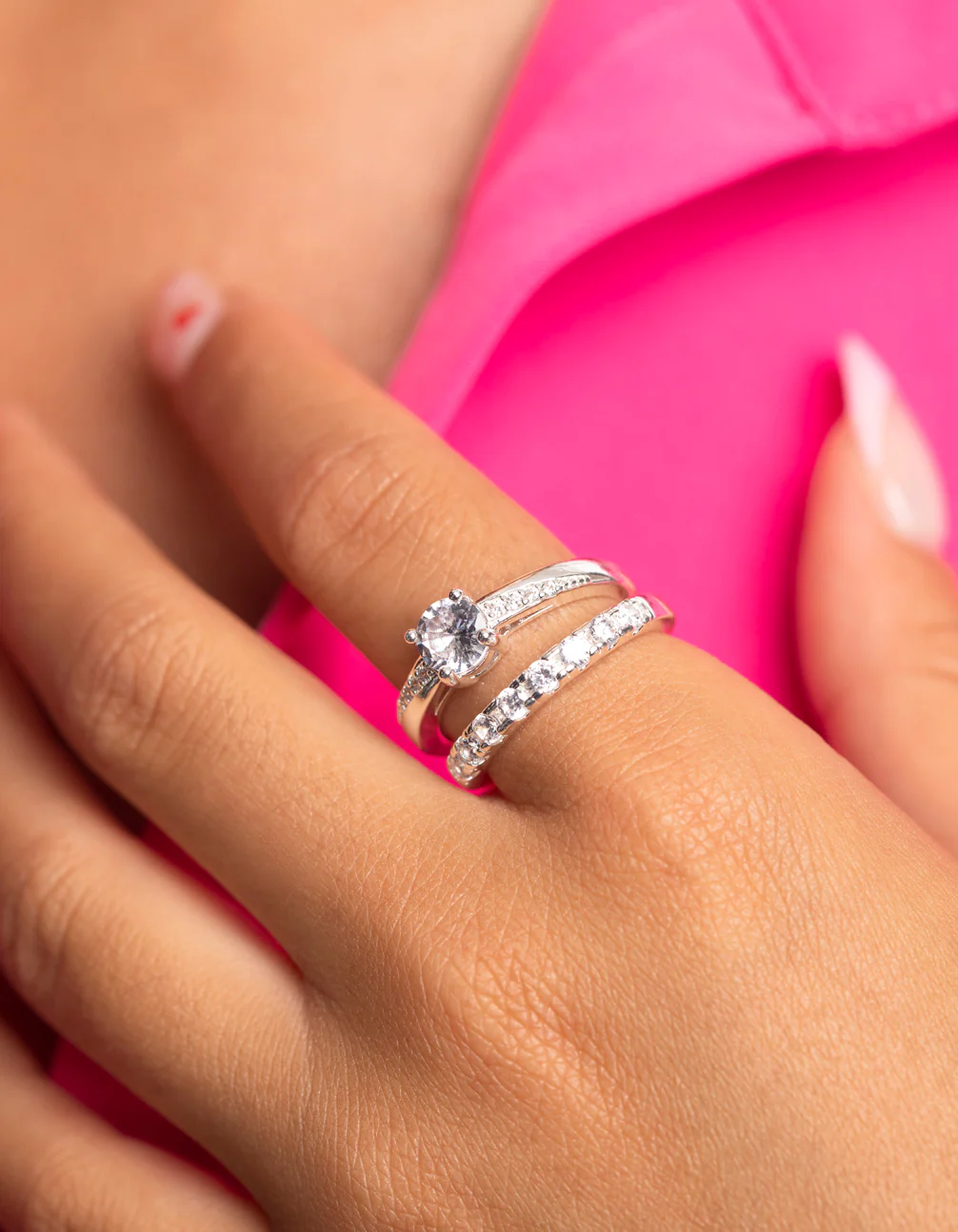 Silver Cubic Zirconia Engagement Ring Set - Image 2