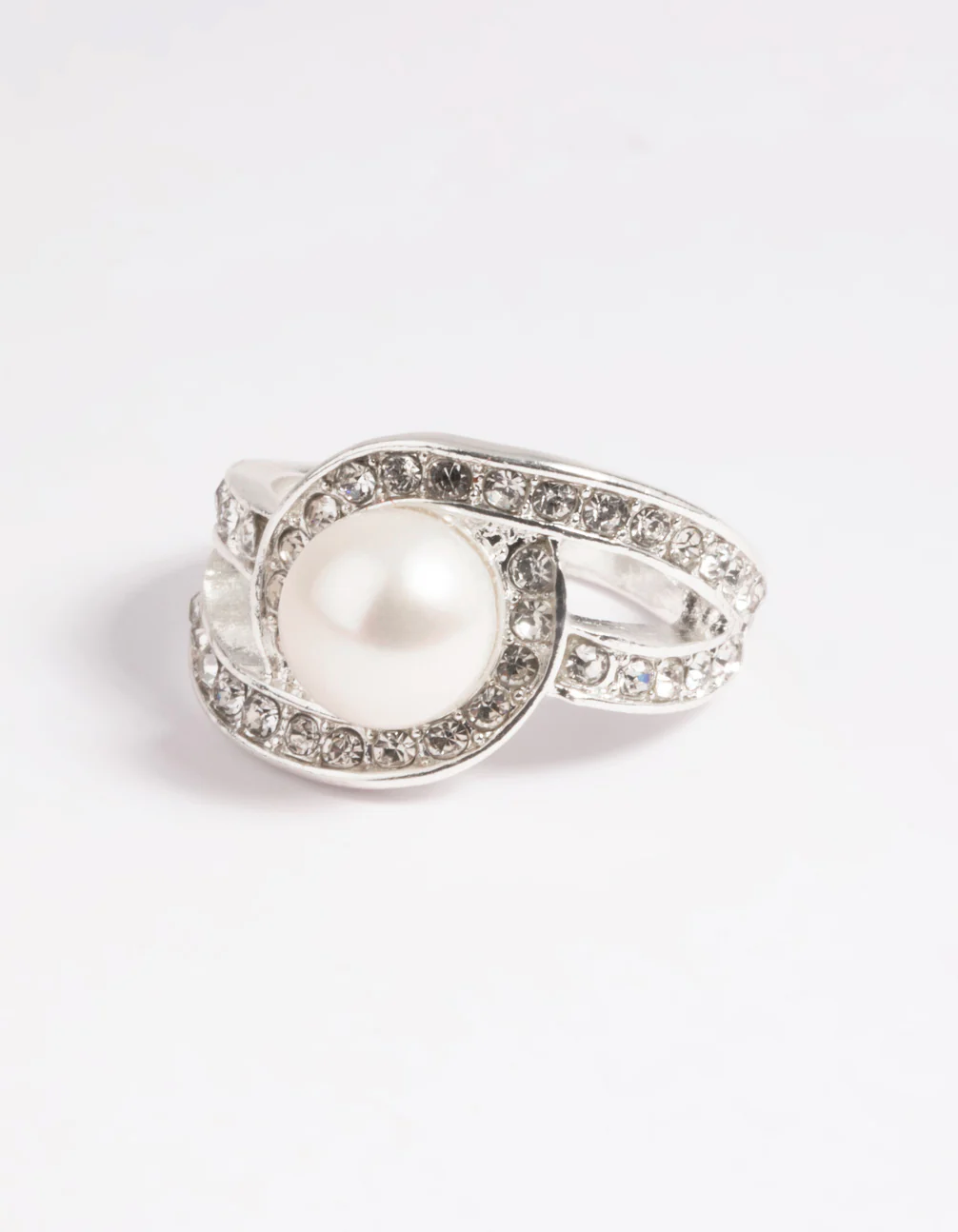 Silver Classic Pearl & Diamante Cocktail Ring - Image 2