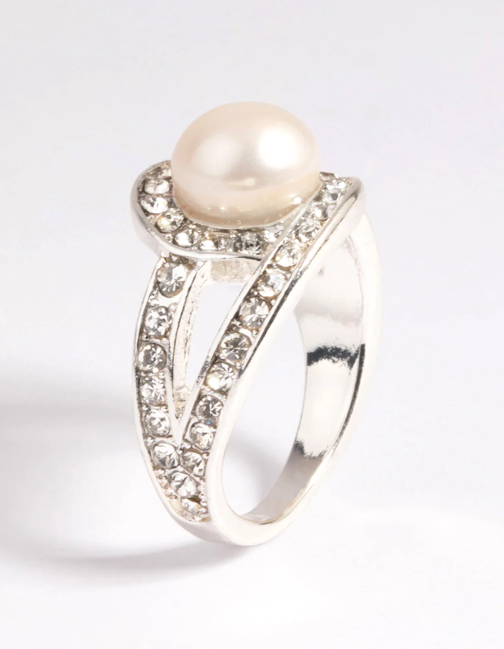 Silver Classic Pearl & Diamante Cocktail Ring - Image 3