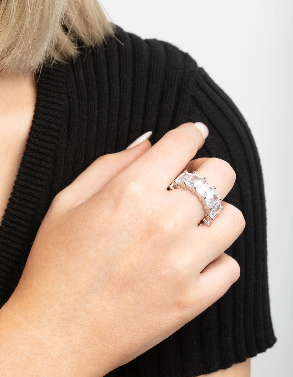 Rhodium Cubic Zirconia Baguette Statement Ring - Image 2